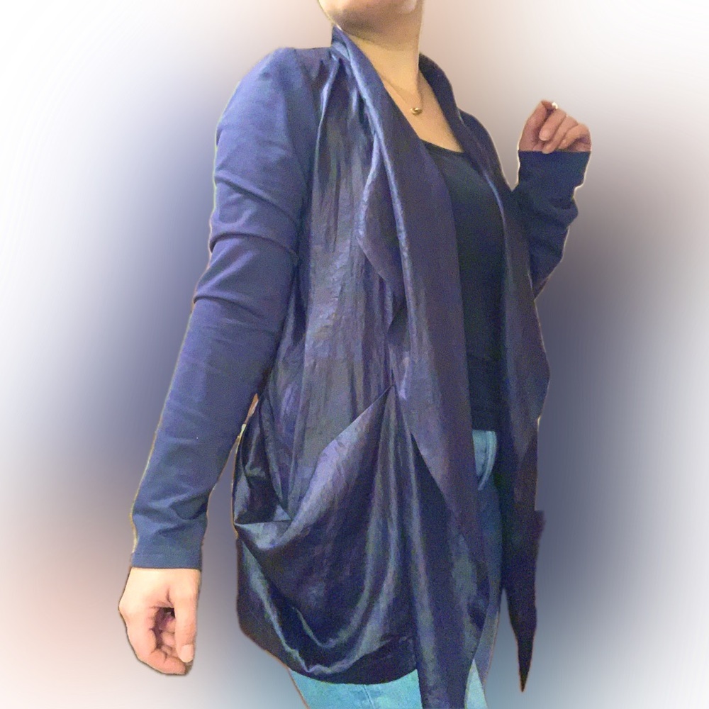 Vivienne Tam Navy Blue Shiny Two-Tone Draped Waterfall Blazer Jacket Cardigan L